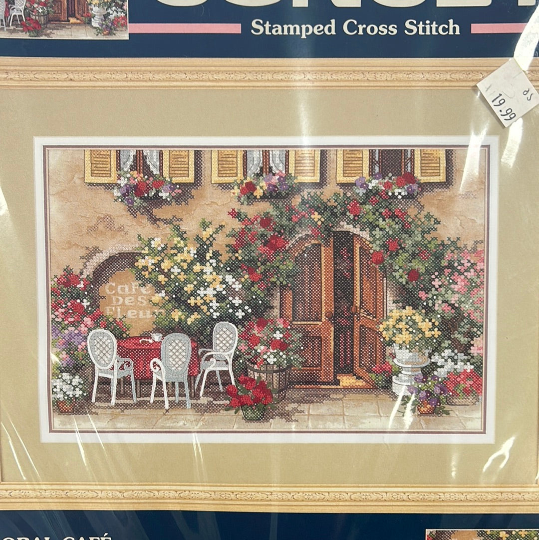 Floral Café STAMPED CROSS STITCH Kit by Sunset