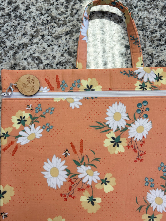 Daisies on Coral Large Project Bag With Handle